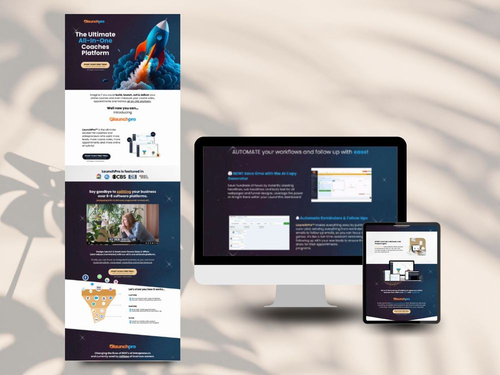 Launchpro platform website on desktop, tablet and phone